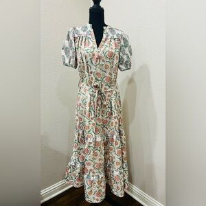 Anthropology Bohemian Tiered Belted Maxi Dress Feminine Puff Sleeve